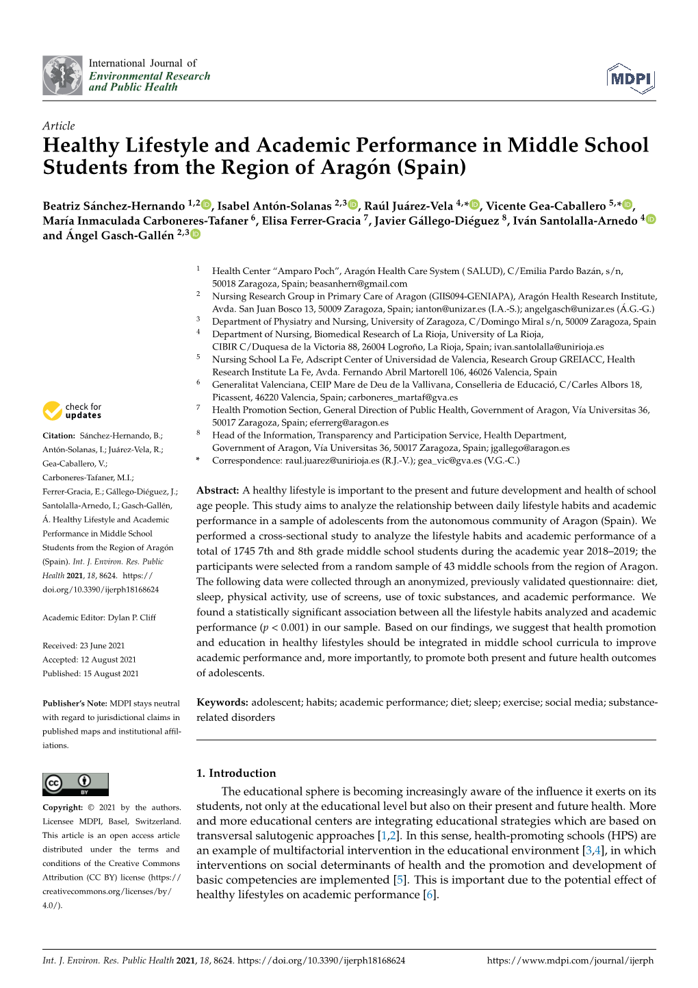 Healthy Lifestyle and Academic Performance in Middle School Students from the Region of Aragón (Spain)