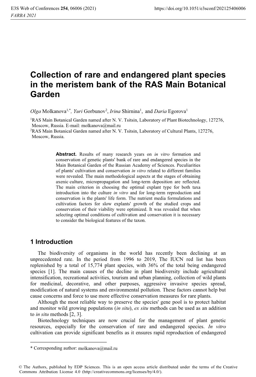 Collection of Rare and Endangered Plant Species in the Meristem Bank of the RAS Main Botanical Garden