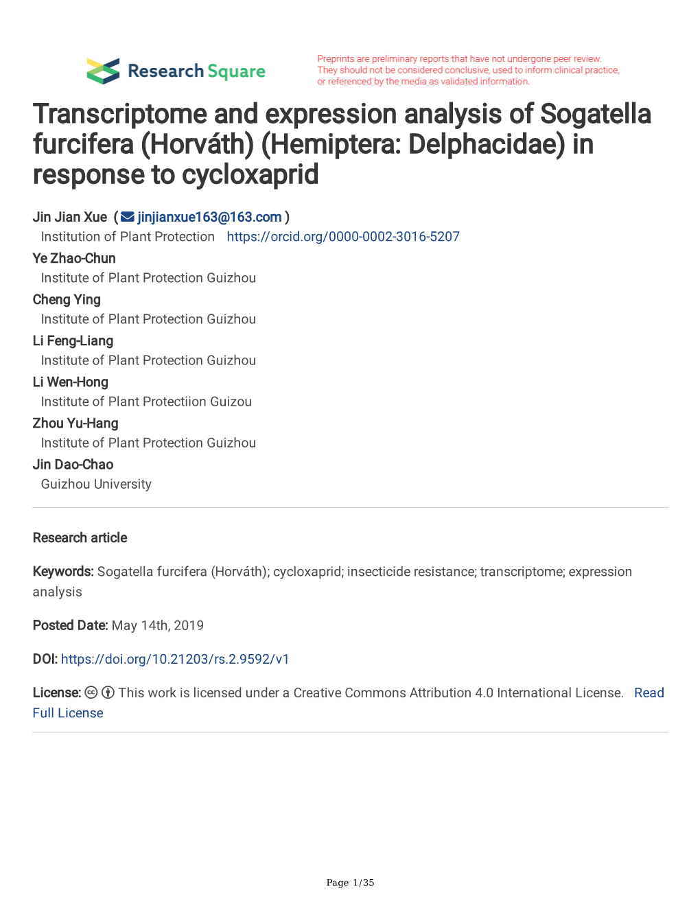 Transcriptome and Expression Analysis of Sogatella Furcifera (Horváth) (Hemiptera: Delphacidae) in Response to Cycloxaprid