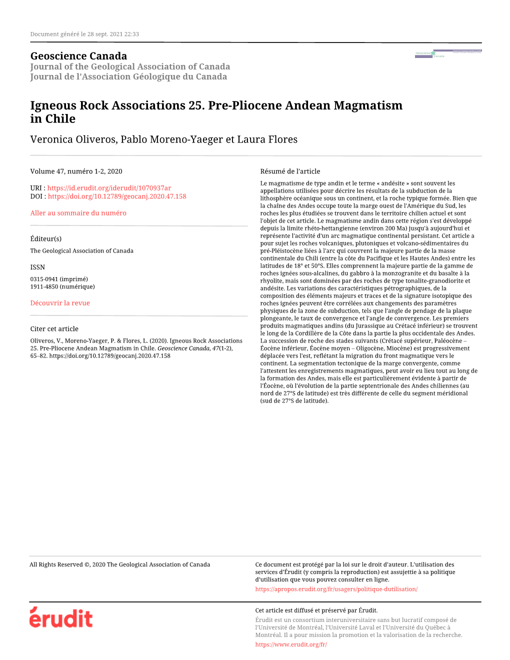 Igneous Rock Associations 25. Pre-Pliocene Andean Magmatism in Chile Veronica Oliveros, Pablo Moreno-Yaeger Et Laura Flores