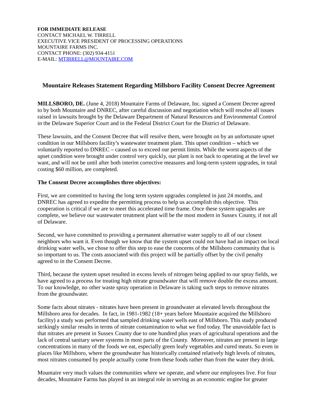Mountaire Releases Statement Regarding Millsboro Facility Consent Decree Agreement