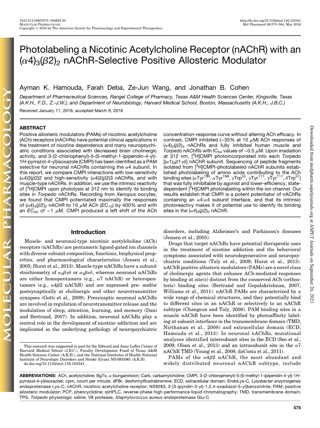 Photolabeling a Nicotinic Acetylcholine Receptor (Nachr) with an (A4)3(B2)2 Nachr-Selective Positive Allosteric Modulator