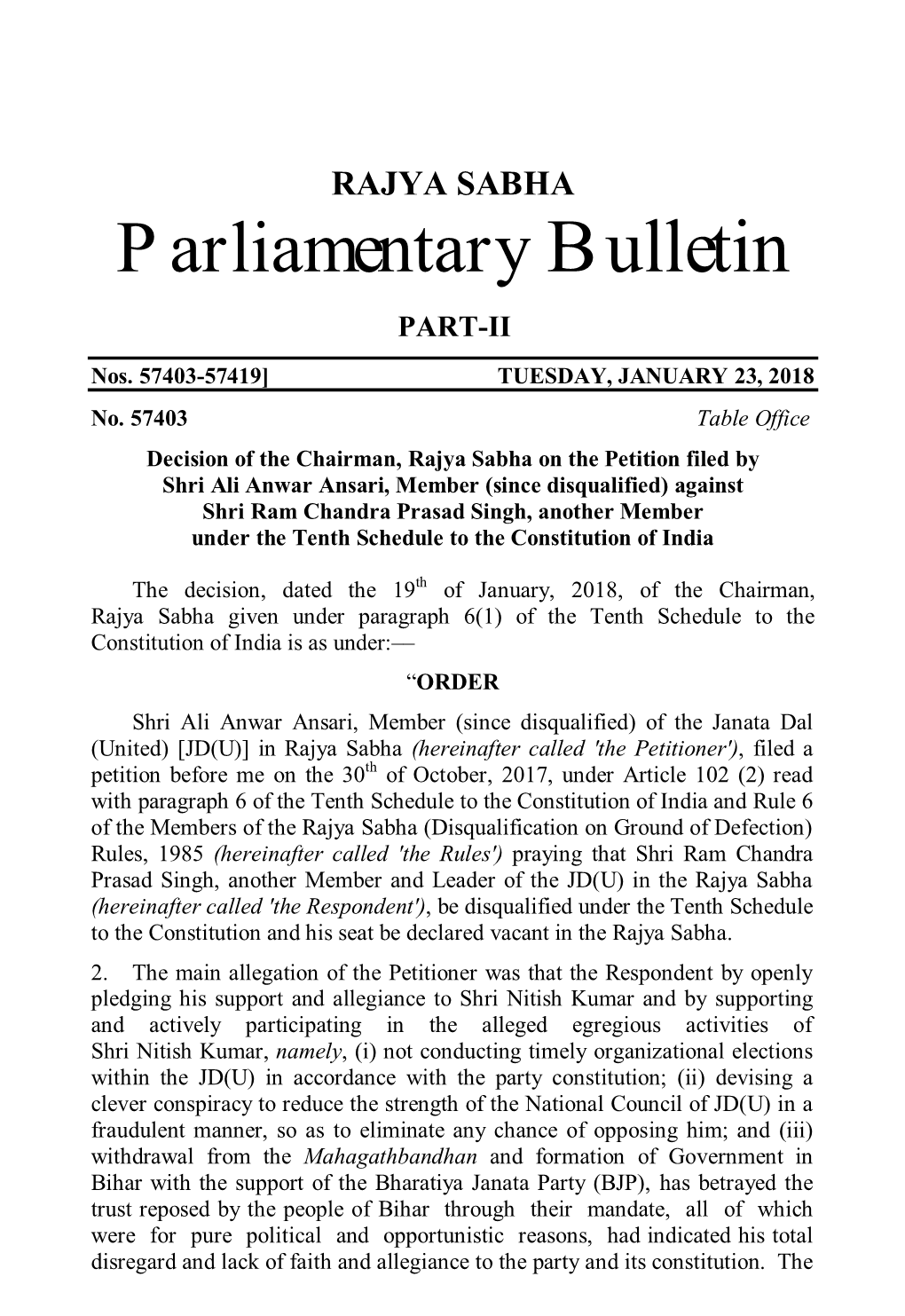 Parliamentary Bulletin Part II No