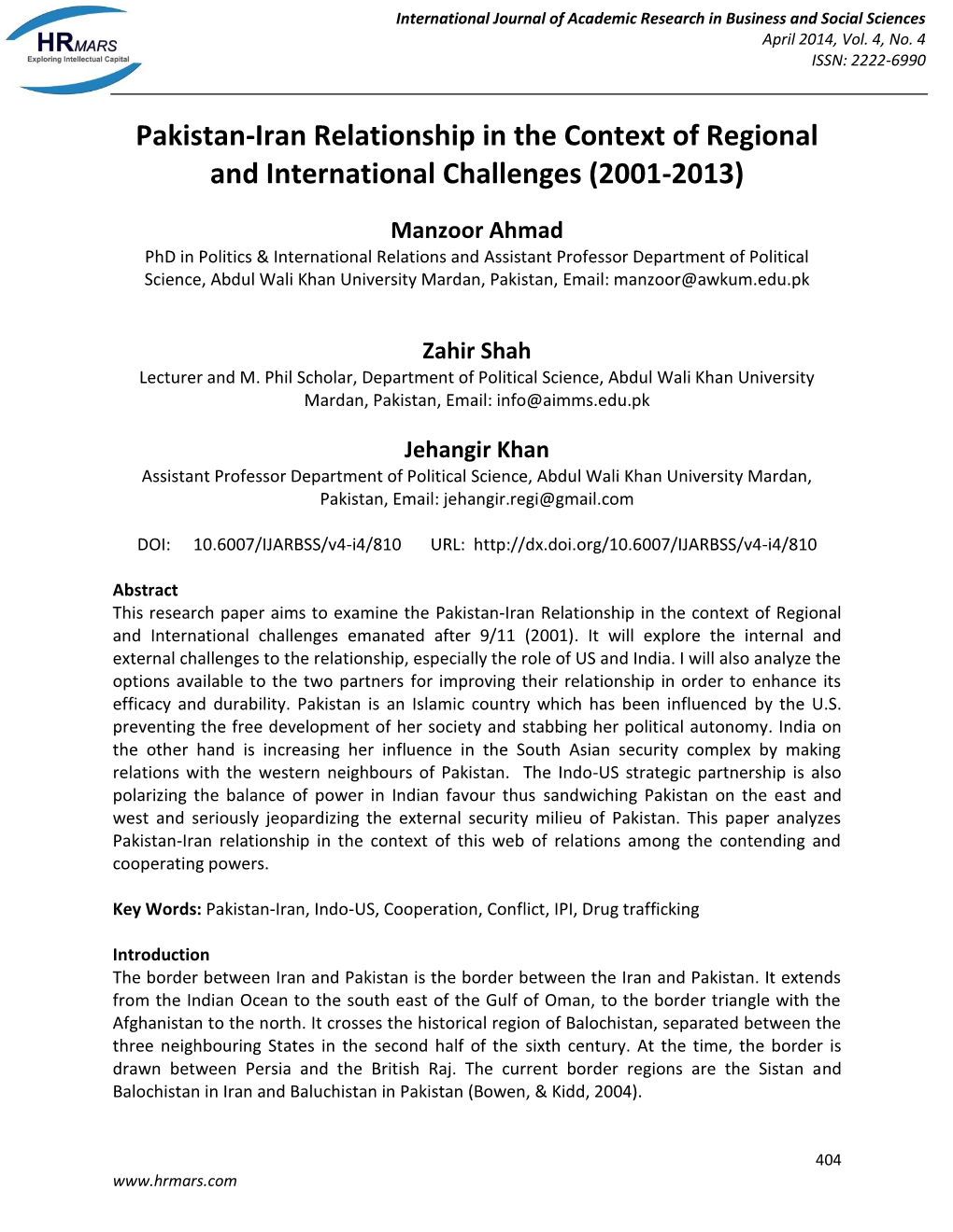 Pakistan-Iran Relationship in the Context of Regional and International Challenges (2001-2013)