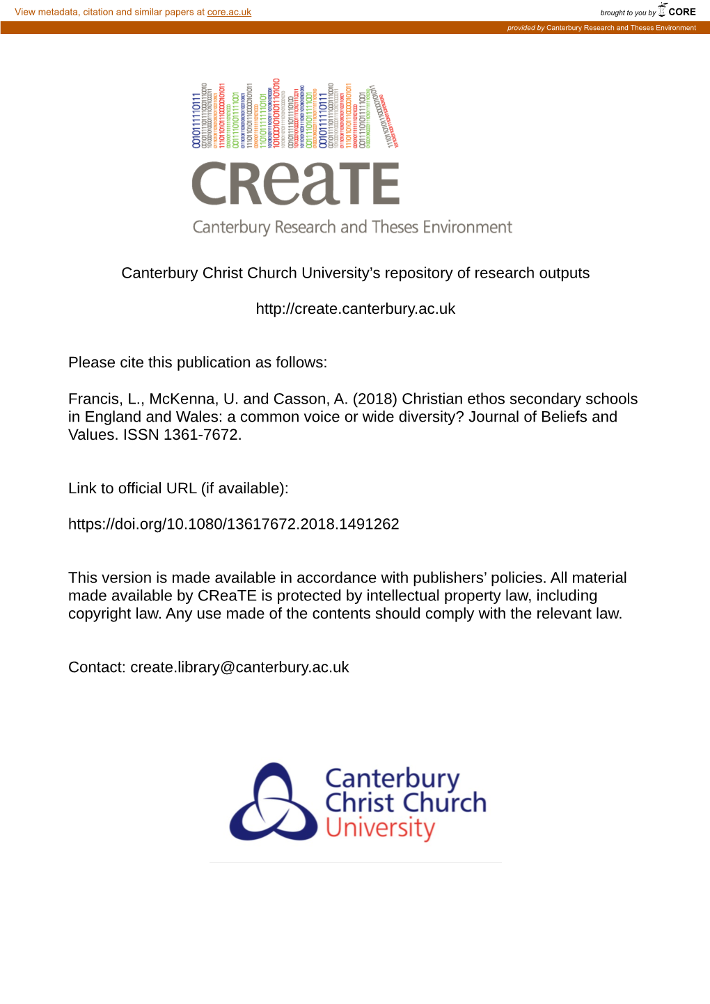 Canterbury Christ Church University's Repository of Research Outputs Please Cite This Publicati