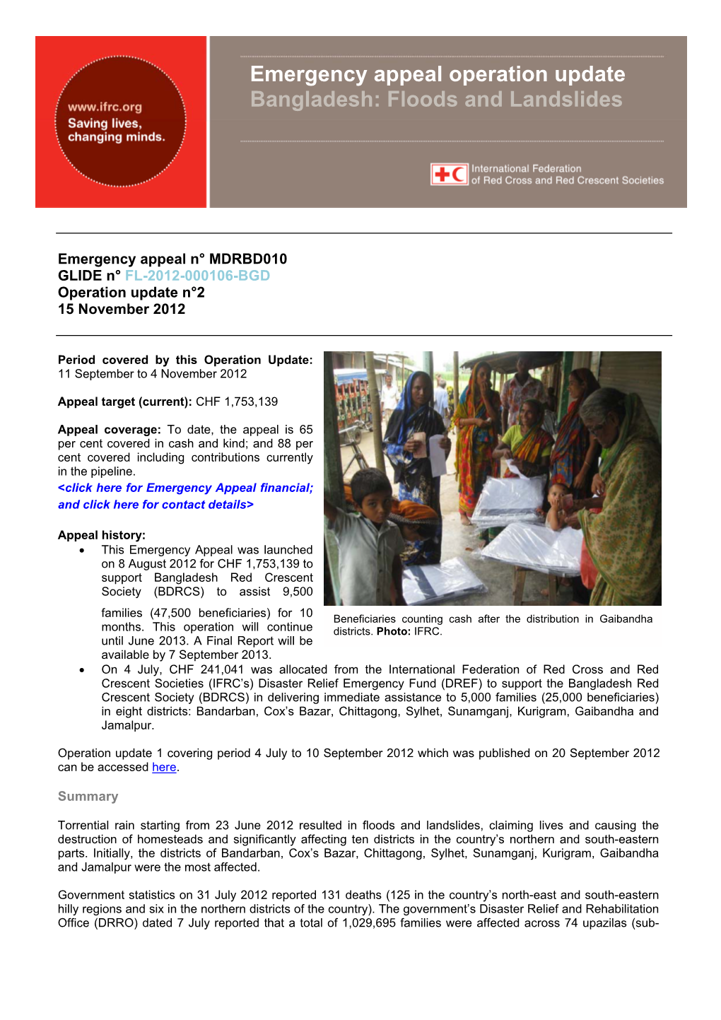 Emergency Appeal Operation Update Bangladesh: Floods and Landslides