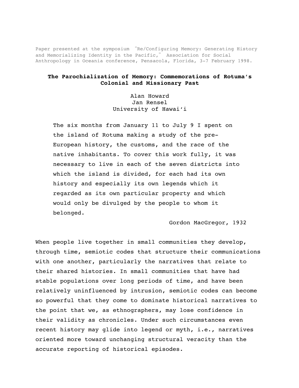 The Parochialization of Memory: Commemorations of Rotuma’S Colonial and Missionary Past