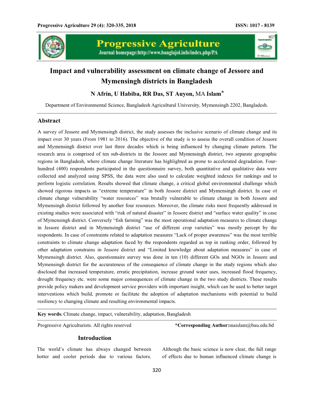Impact and Vulnerability Assessment on Climate Change of Jessore and Mymensingh Districts in Bangladesh