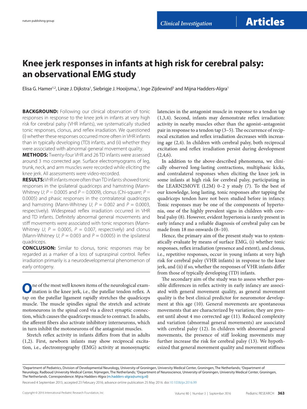 Knee Jerk Responses in Infants at High Risk for Cerebral Palsy: an Observational EMG Study