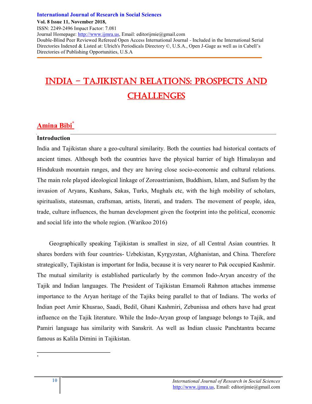 India – Tajikistan Relations: Prospects and Challenges