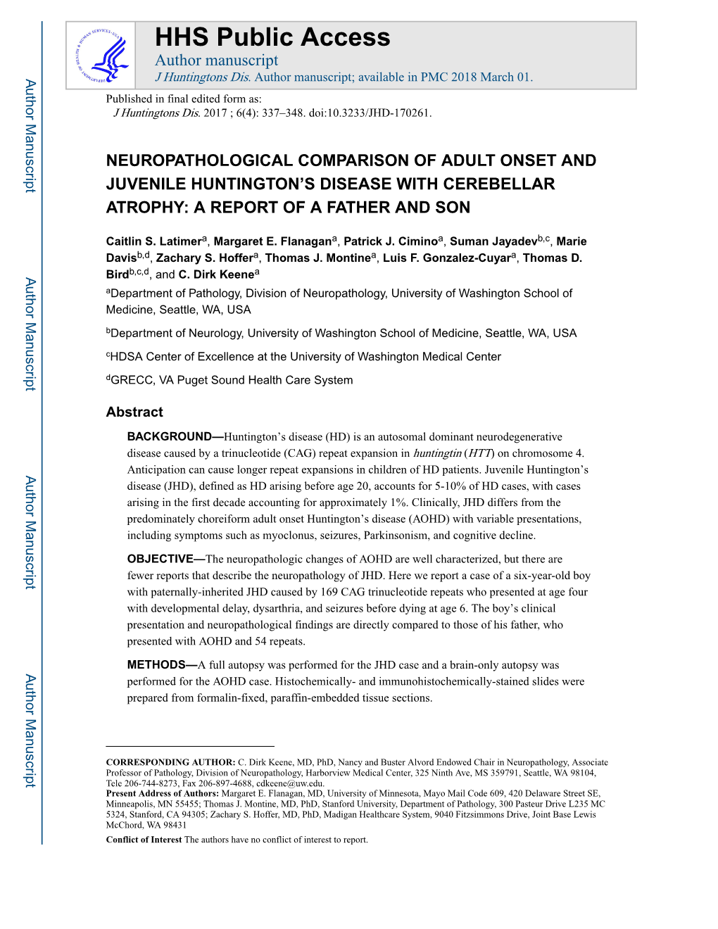 Neuropathological Comparison of Adult Onset and Juvenile Huntington’S Disease with Cerebellar Atrophy: a Report of a Father and Son