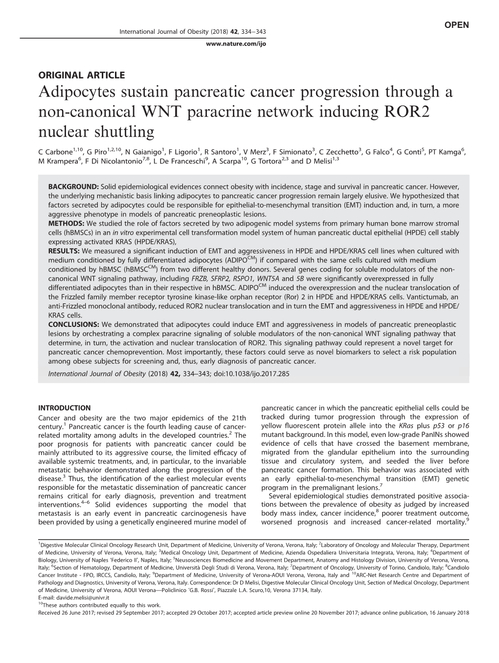 Adipocytes Sustain Pancreatic Cancer Progression Through a Non-Canonical WNT Paracrine Network Inducing ROR2 Nuclear Shuttling