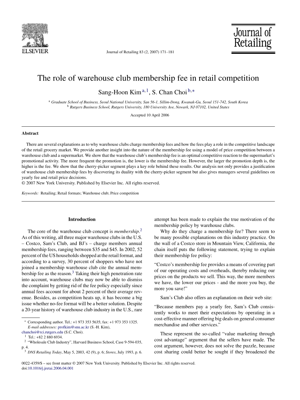 The Role of Warehouse Club Membership Fee in Retail Competition