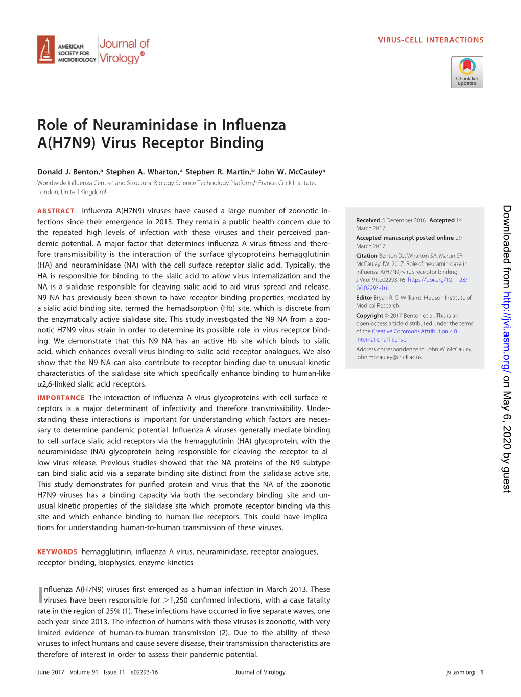 Role of Neuraminidase in Influenza A(H7N9) Virus Receptor Binding