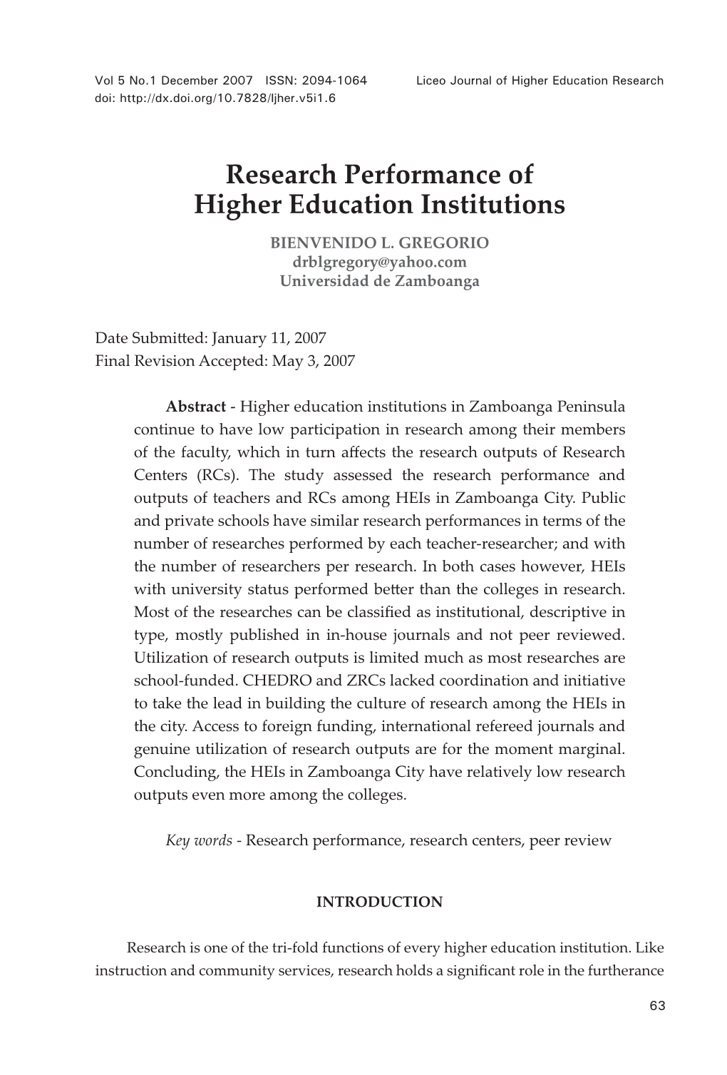 Research Performance of Higher Education Institutions BIENVENIDO L