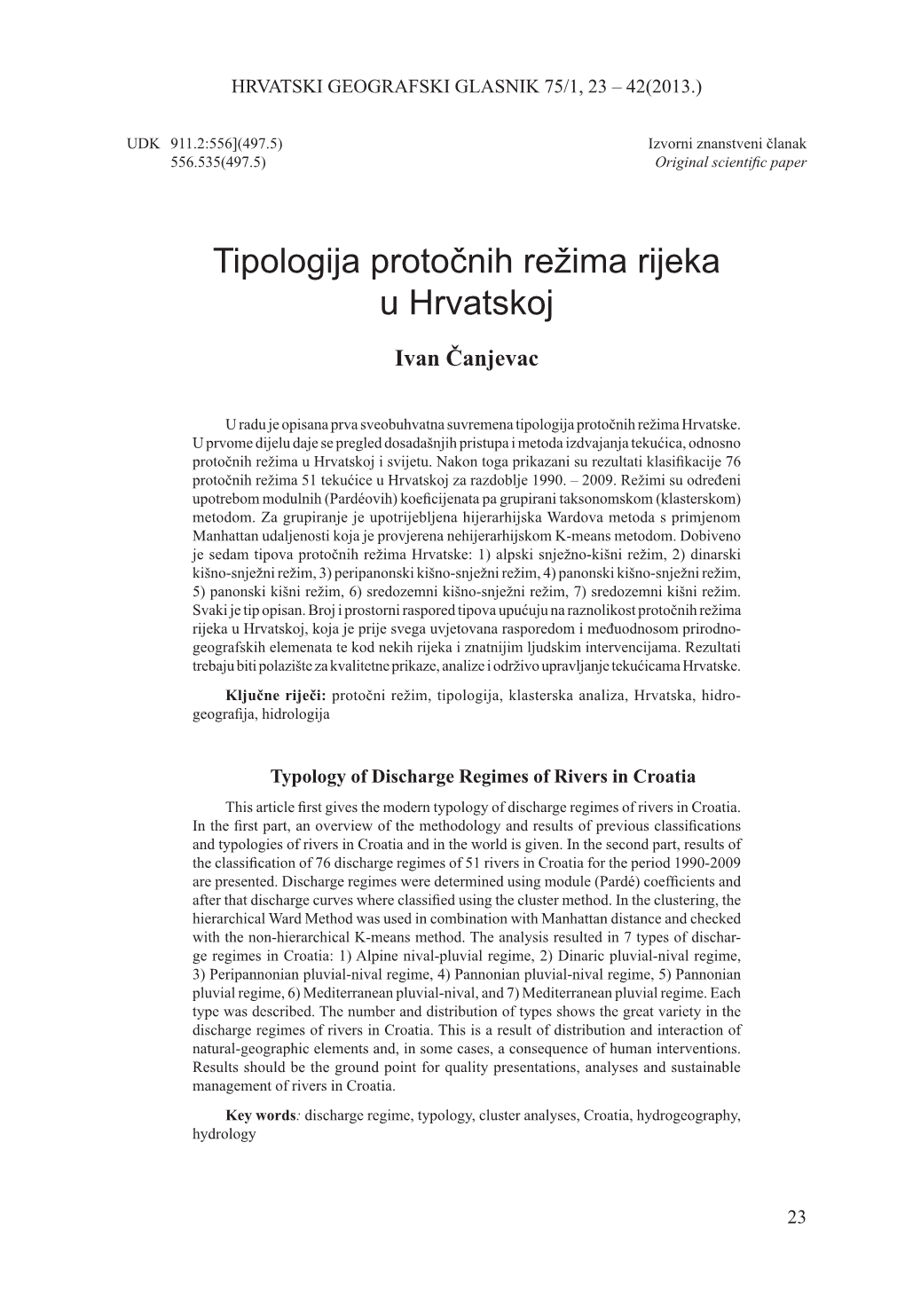 Tipologija Protočnih Režima Rijeka U Hrvatskoj