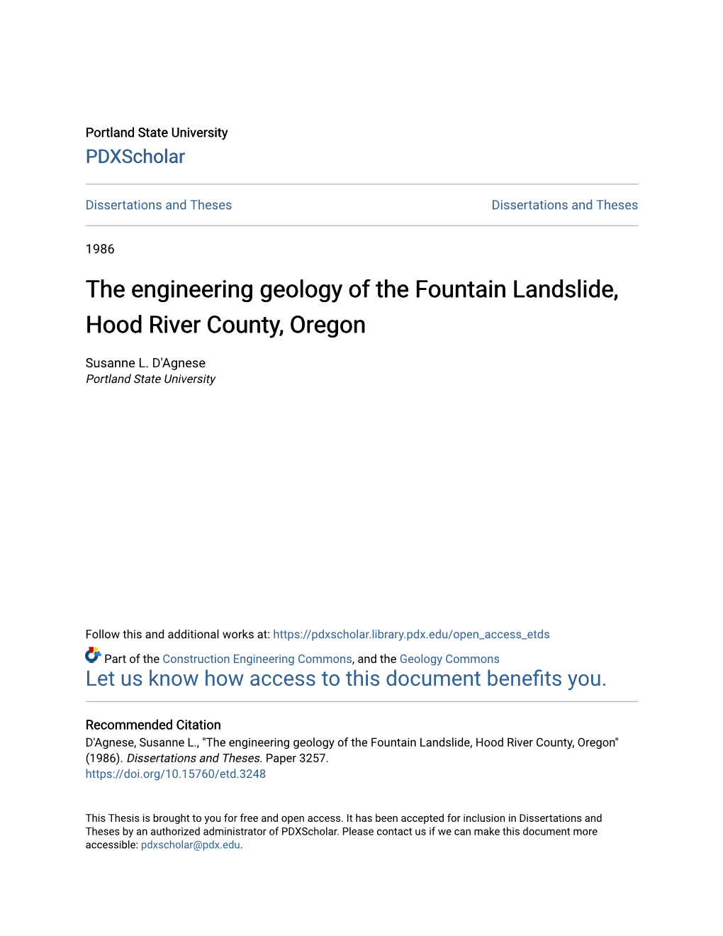 The Engineering Geology of the Fountain Landslide, Hood River County, Oregon