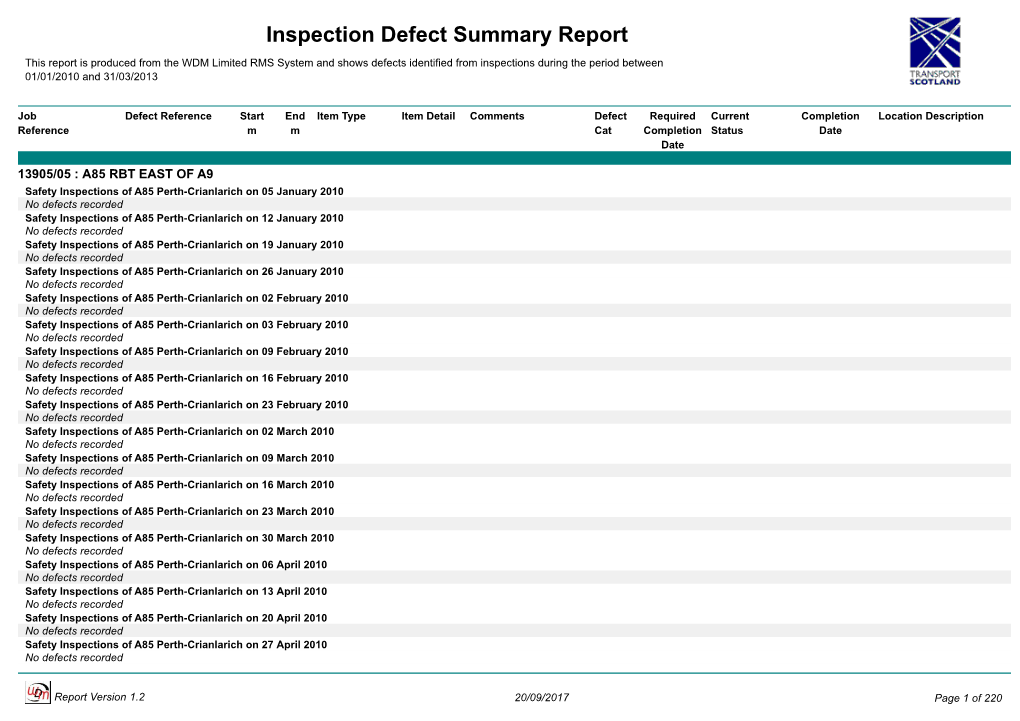 Inspection Defect Summary Report