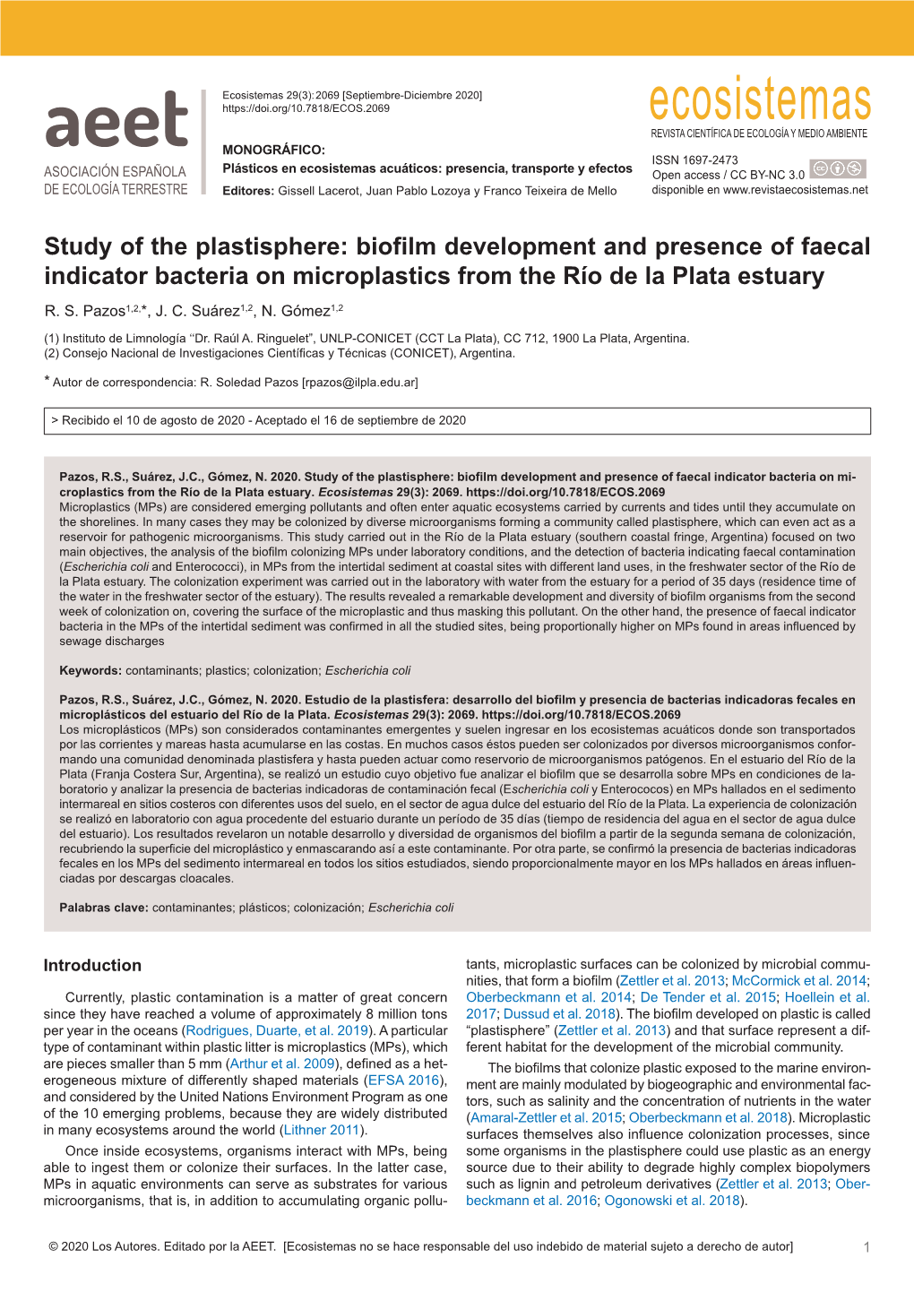 Study of the Plastisphere: Biofilm Development and Presence of Faecal Indicator Bacteria on Microplastics from the Río De La Plata Estuary R