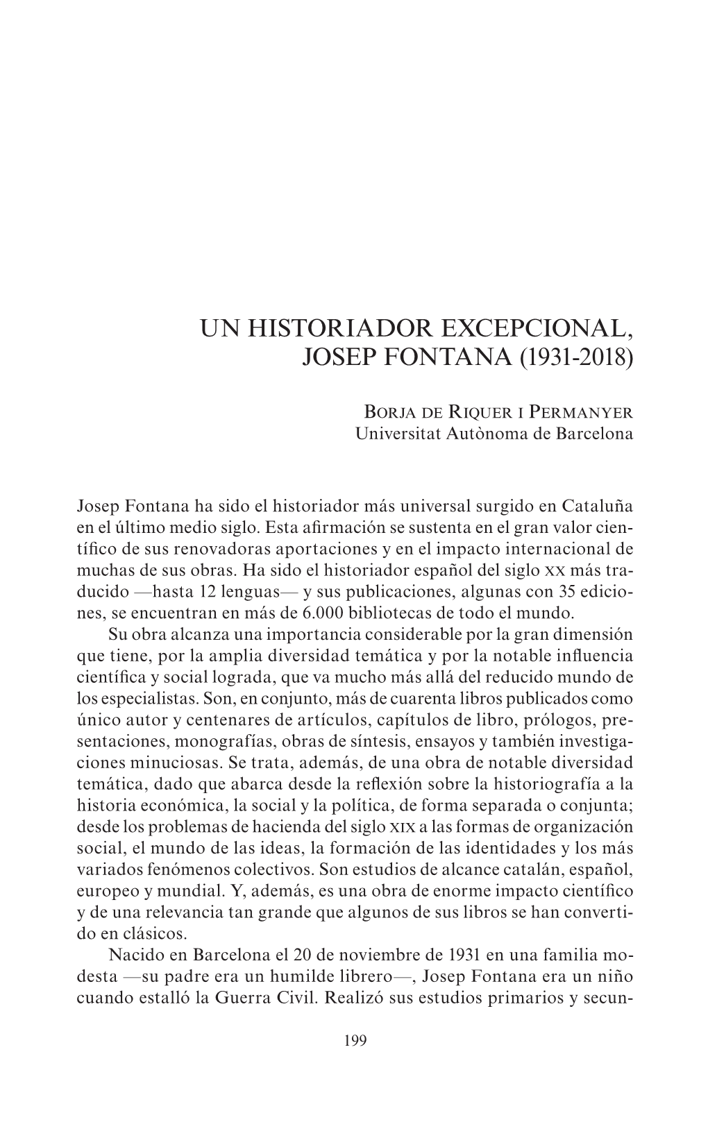 Un Historiador Excepcional, Josep Fontana (1931-2018)
