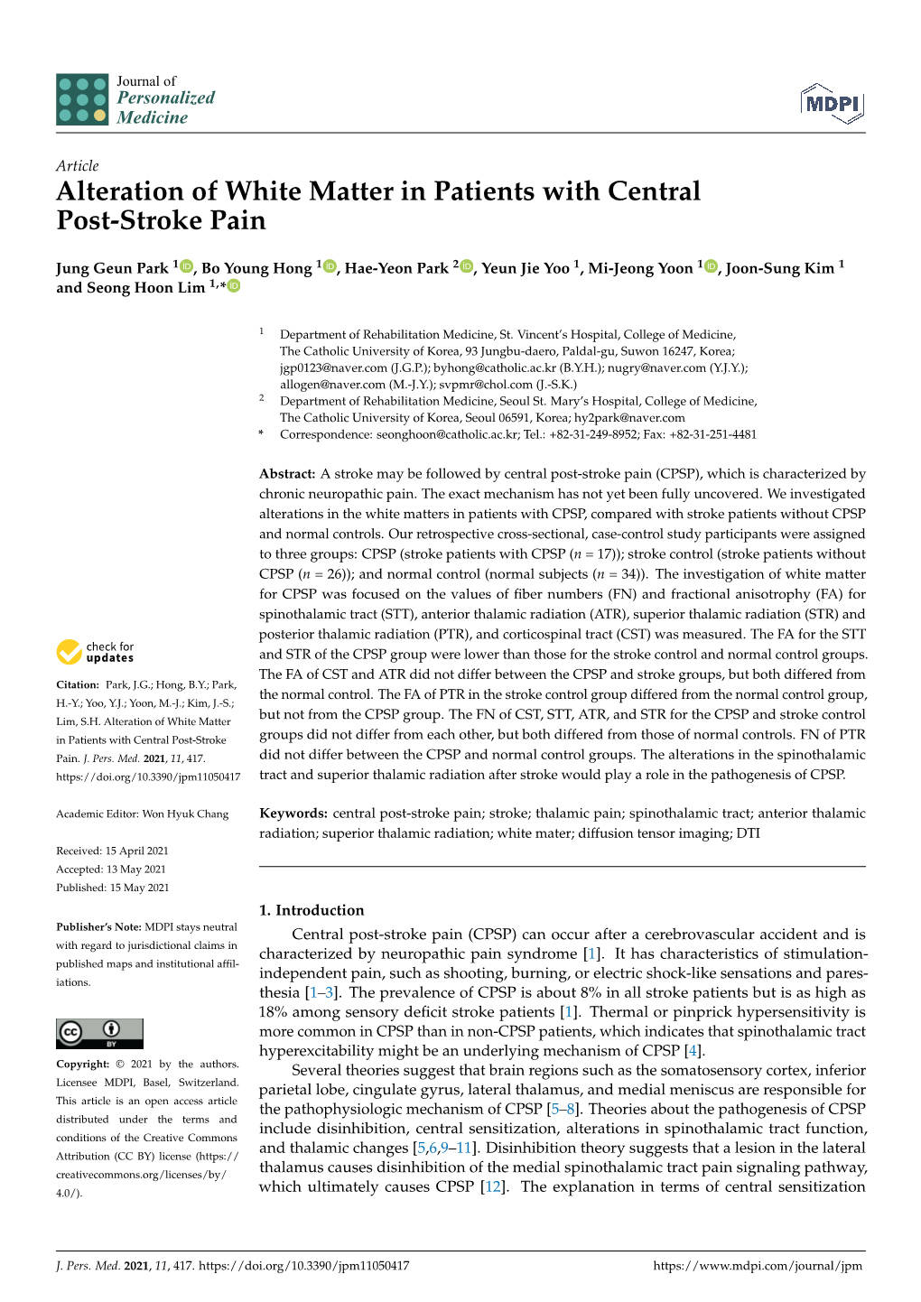 Alteration of White Matter in Patients with Central Post-Stroke Pain