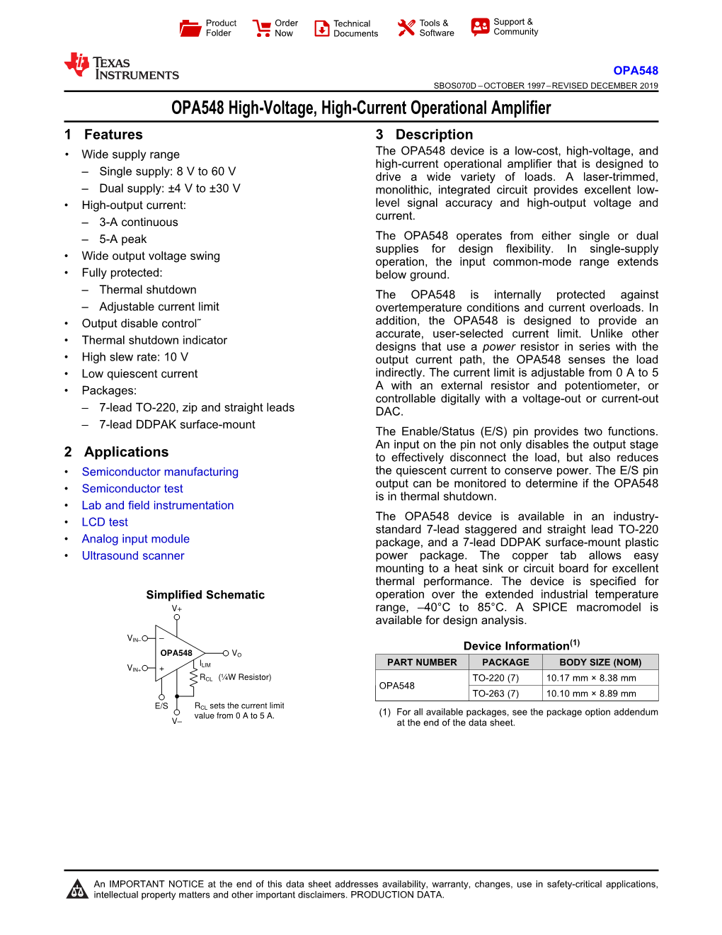 OPA548 High-Voltage, High-Current Operational Amplifier Datasheet