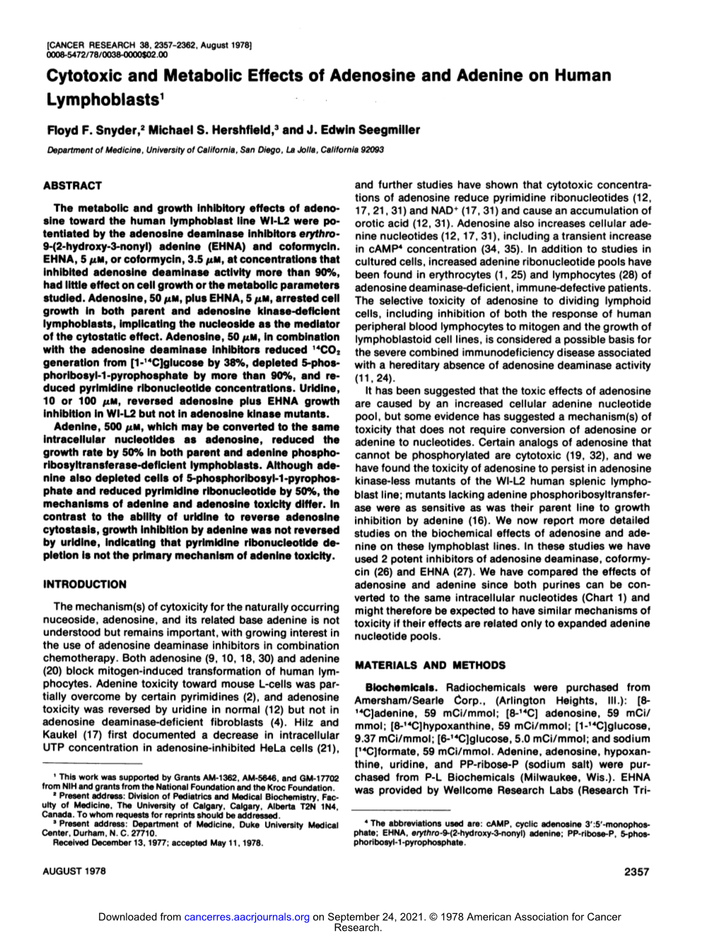 Cytotoxic and Metabolic Effects of Adenosine and Adenine on Human Lymphoblasts1