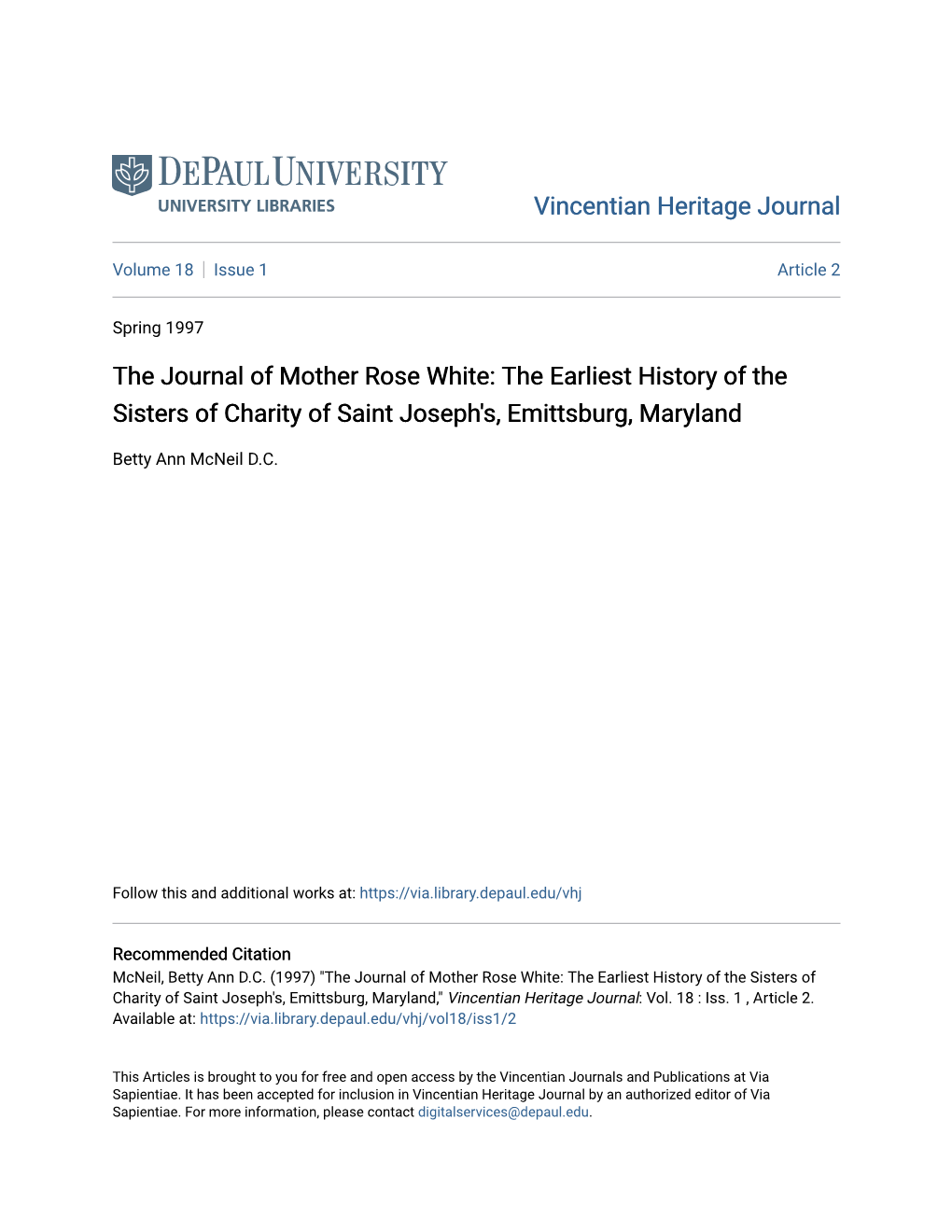 The Journal of Mother Rose White: the Earliest History of the Sisters of Charity of Saint Joseph's, Emittsburg, Maryland