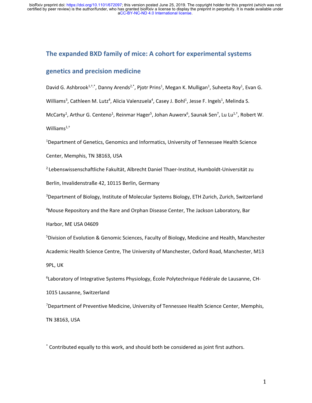 The Expanded BXD Family of Mice: a Cohort for Experimental Systems