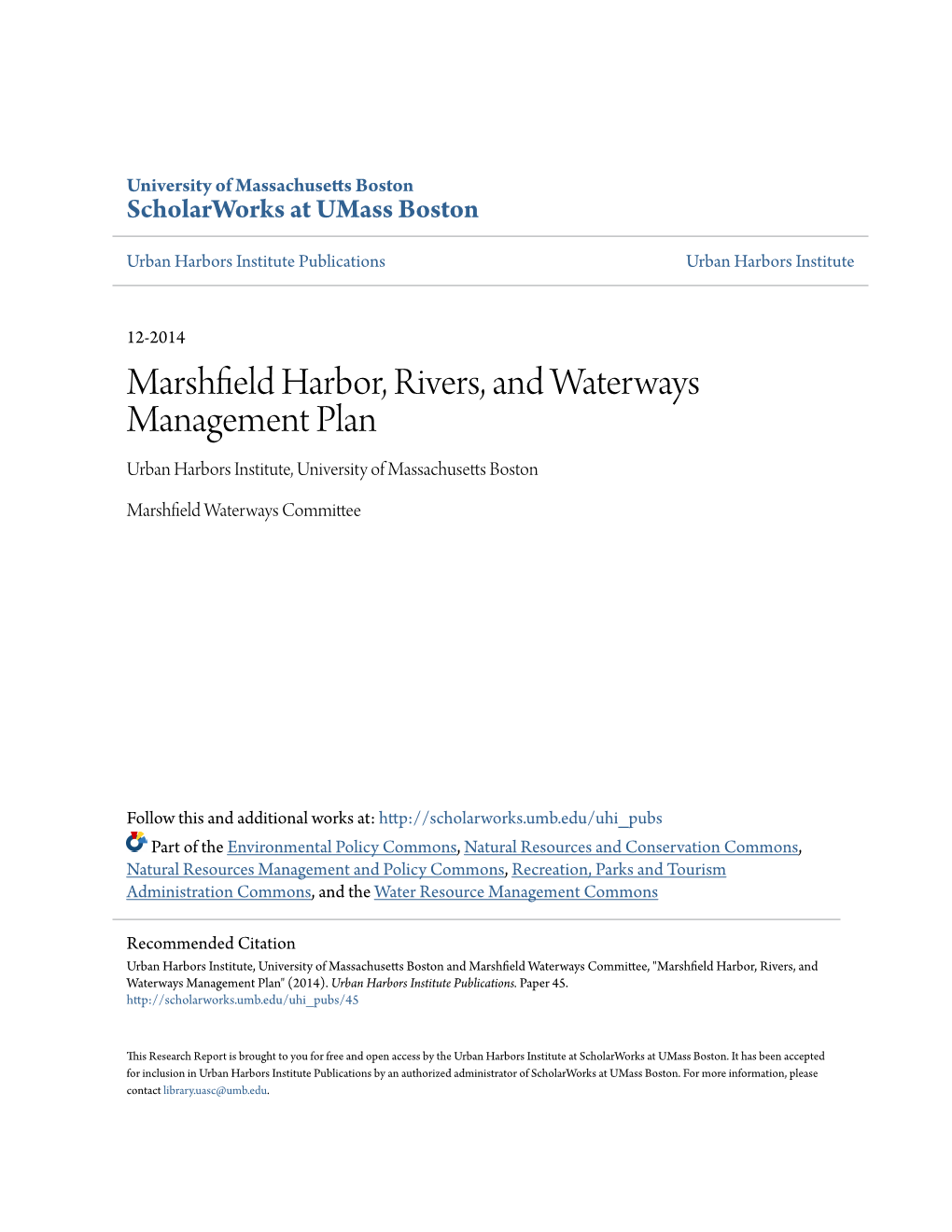 Marshfield Harbor, Rivers, and Waterways Management Plan" (2014)