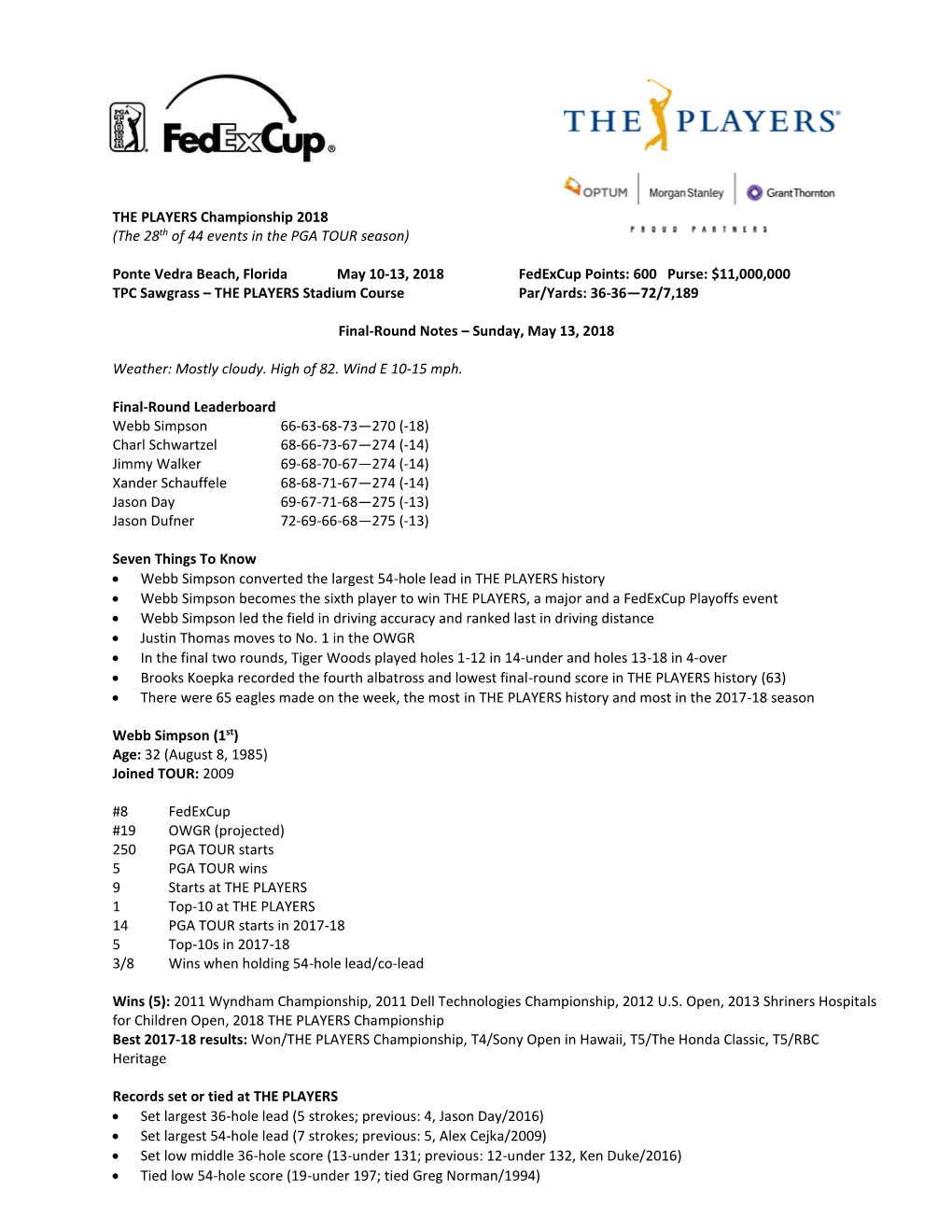 THE PLAYERS Championship 2018 (The 28Th of 44 Events in the PGA TOUR Season)