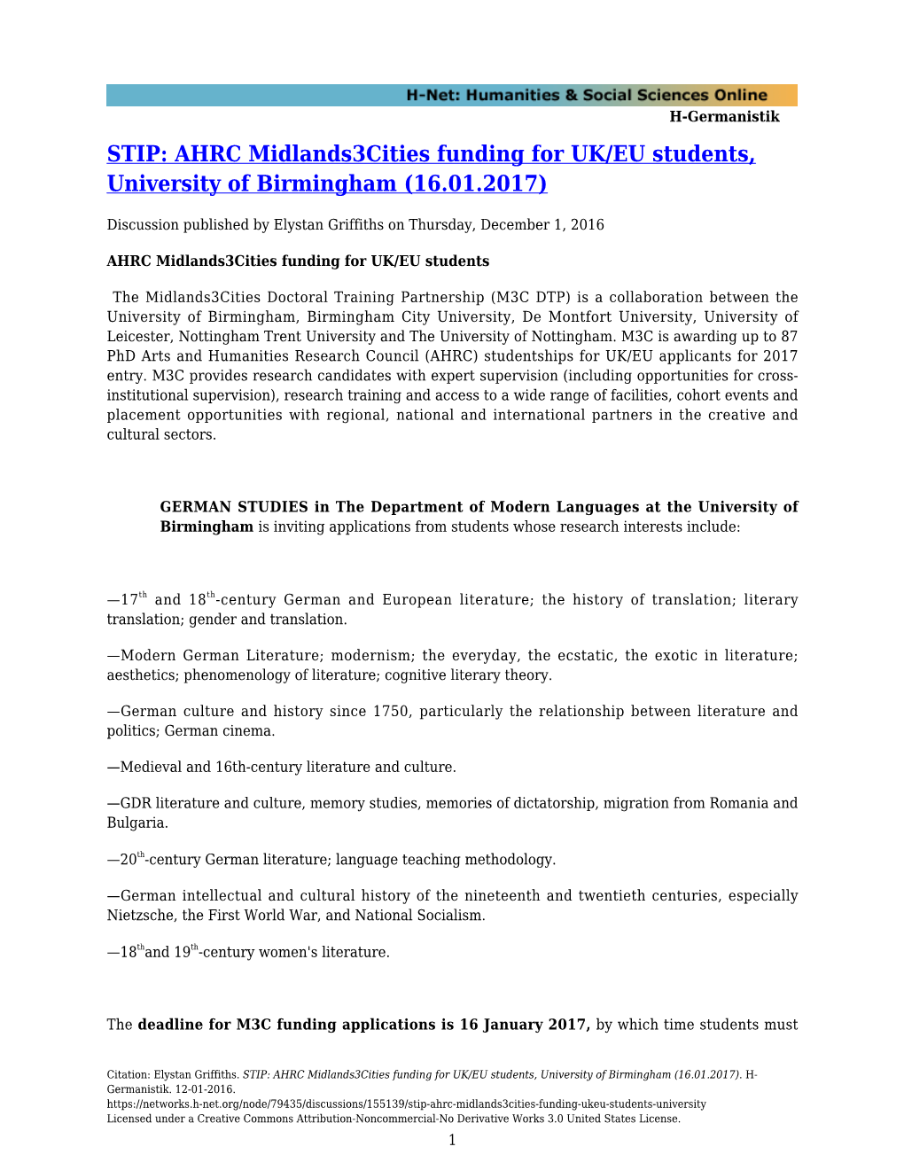 AHRC Midlands3cities Funding for UK/EU Students, University of Birmingham (16.01.2017)