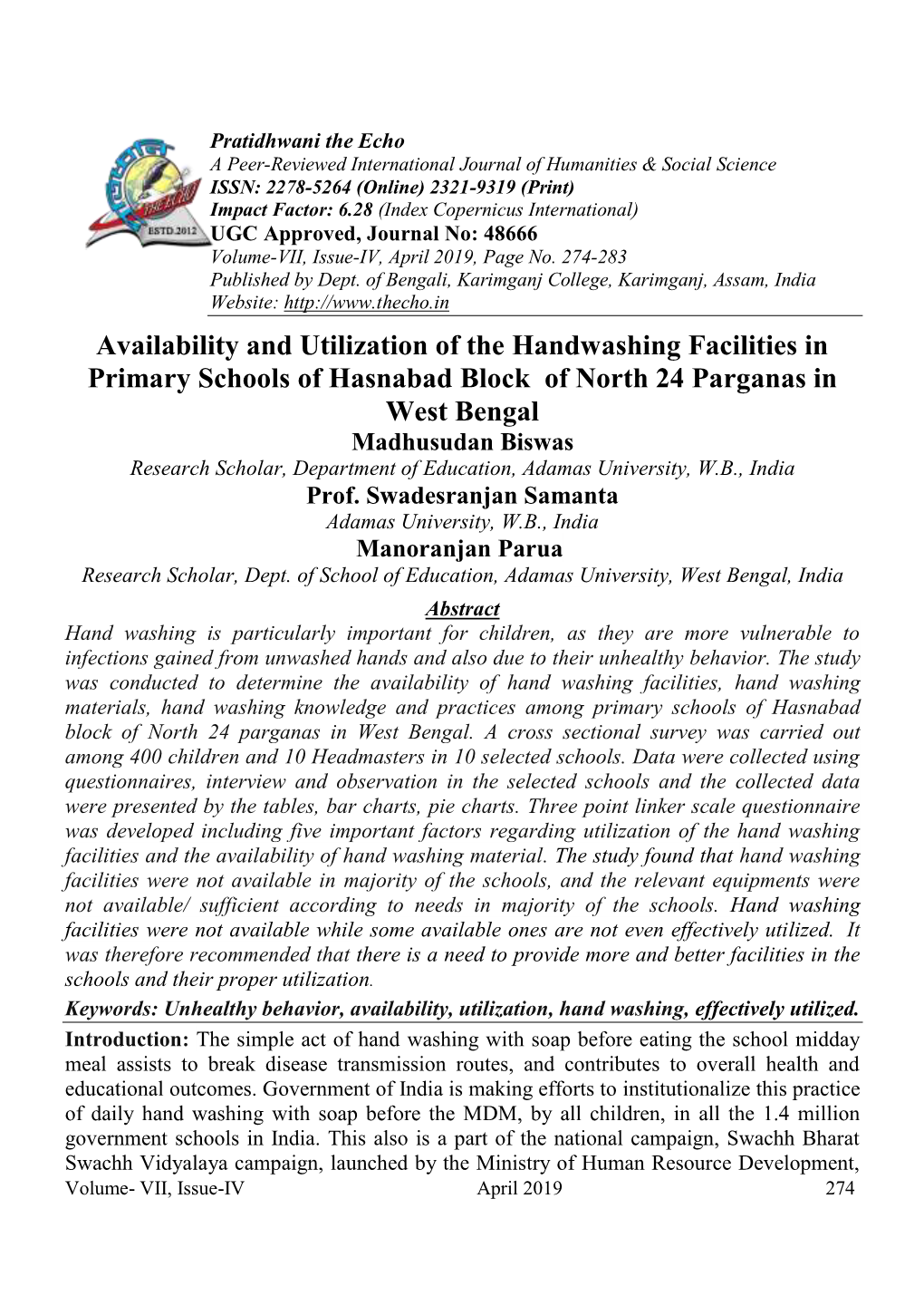 Availability and Utilization of the Handwashing Facilities in Primary