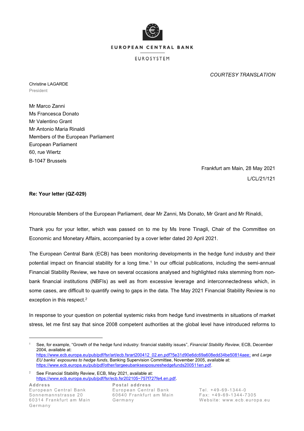 Letter from the ECB President to Mr Marco Zanni, Ms Francesca Donato