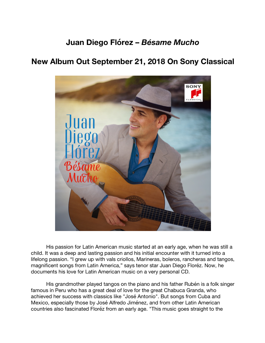 Juan Diego Flórez – Bésame Mucho New Album out September 21