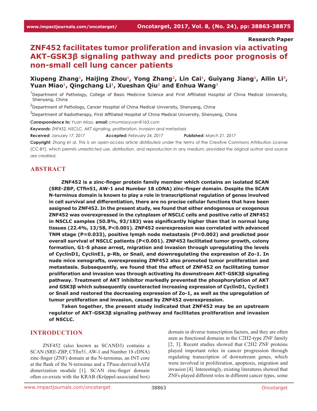 ZNF452 Facilitates Tumor Proliferation and Invasion Via Activating AKT-Gsk3β Signaling Pathway and Predicts Poor Prognosis of Non-Small Cell Lung Cancer Patients