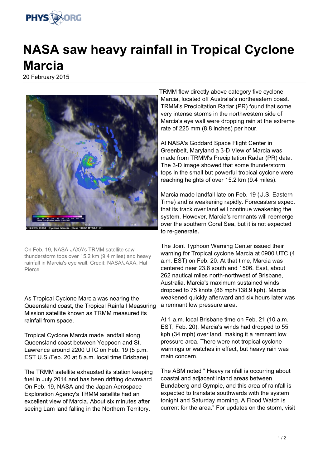 NASA Saw Heavy Rainfall in Tropical Cyclone Marcia 20 February 2015