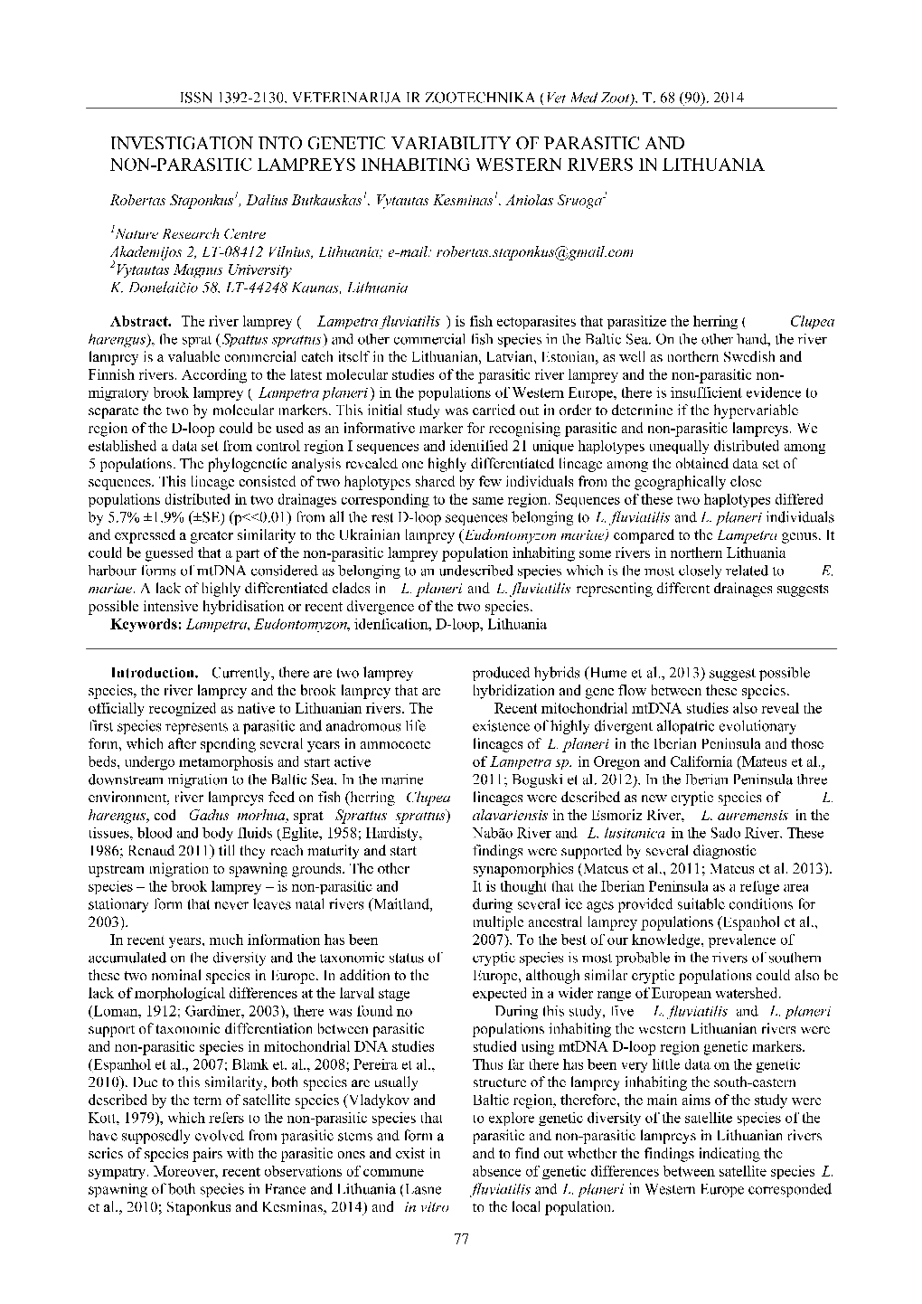 Investigation Into Genetic Variability of Parasitic and Non-Parasitic Lampreys Inhabiting Western Rivers in Lithuania