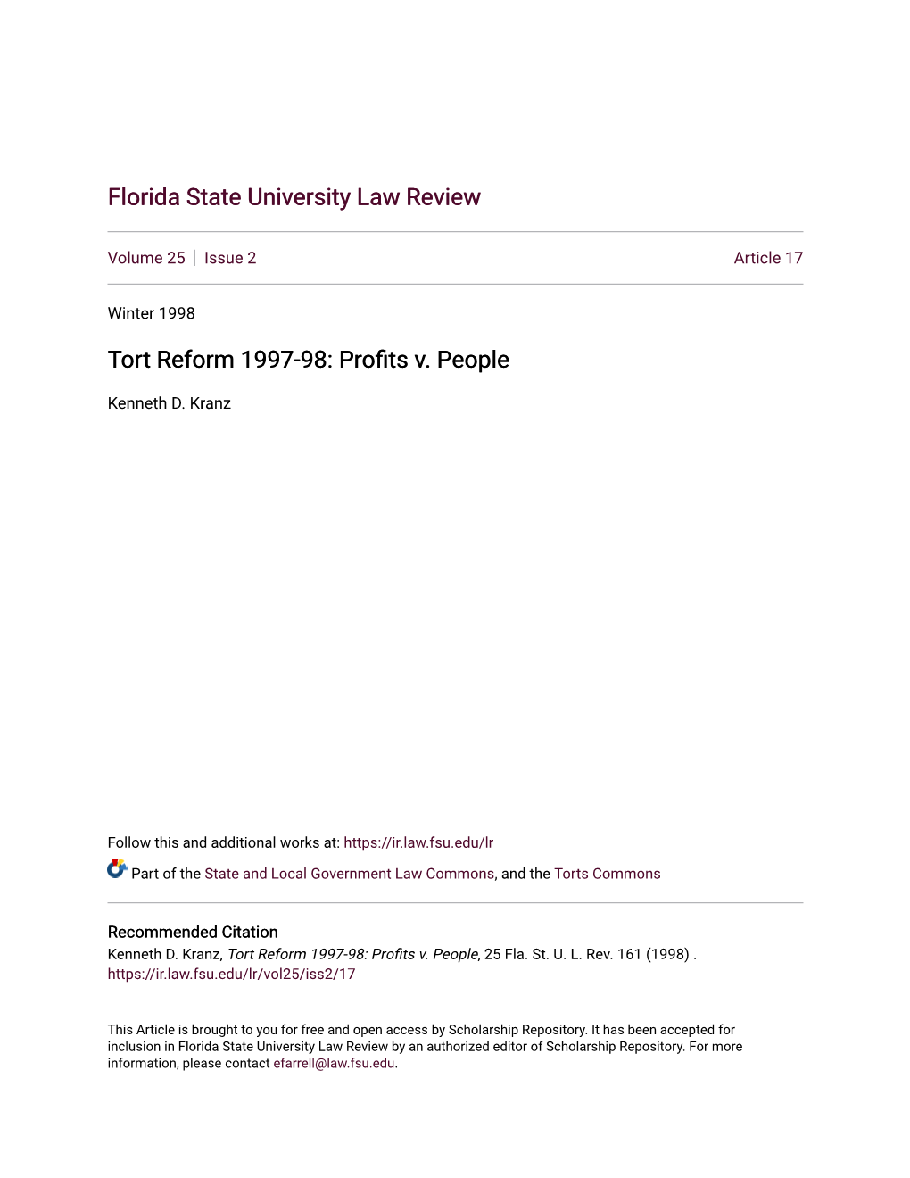 Tort Reform 1997-98: Profits V. People?