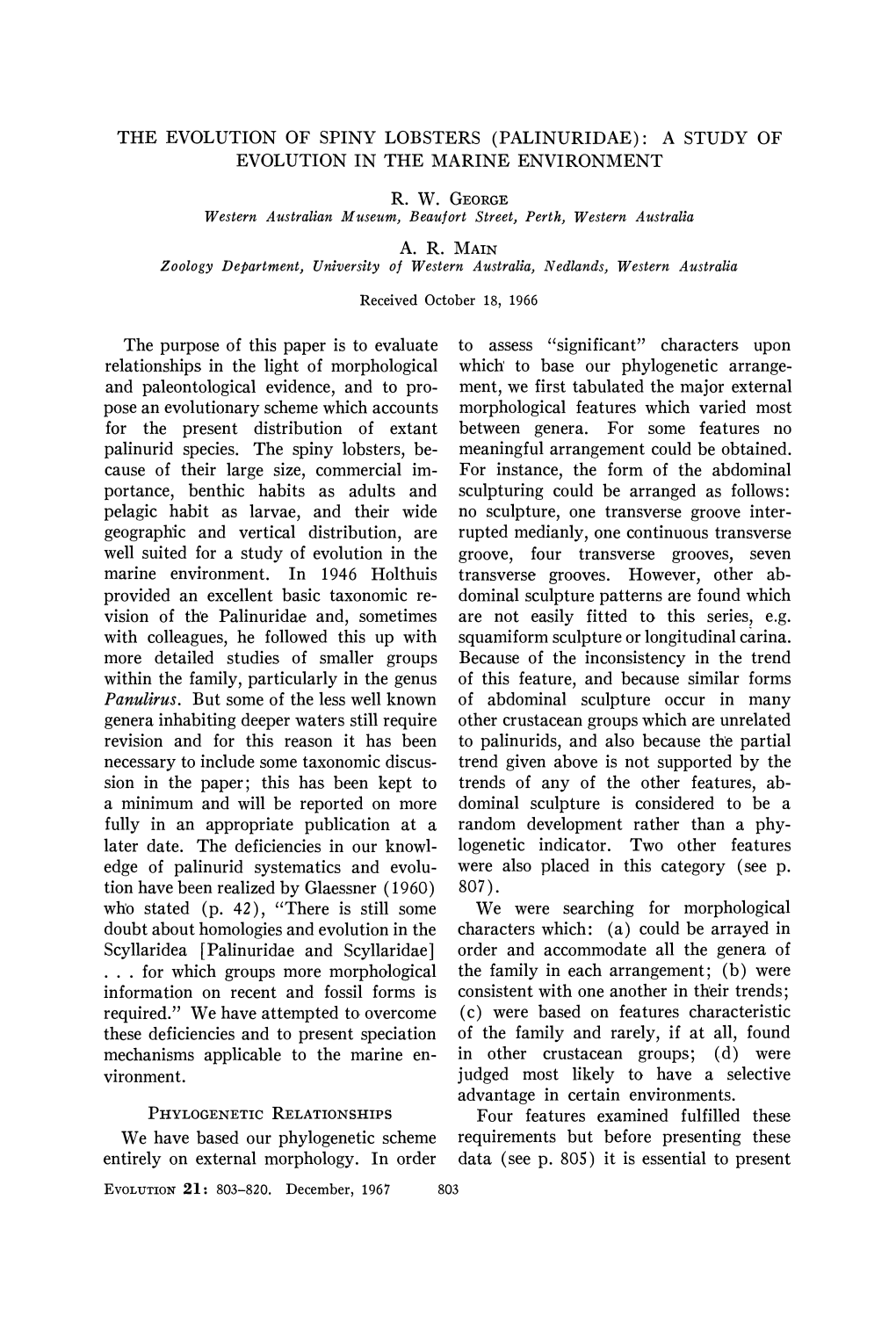 The Evolution of Spiny Lobsters (Palinuridae): a Study of Evolution in the Marine Environment