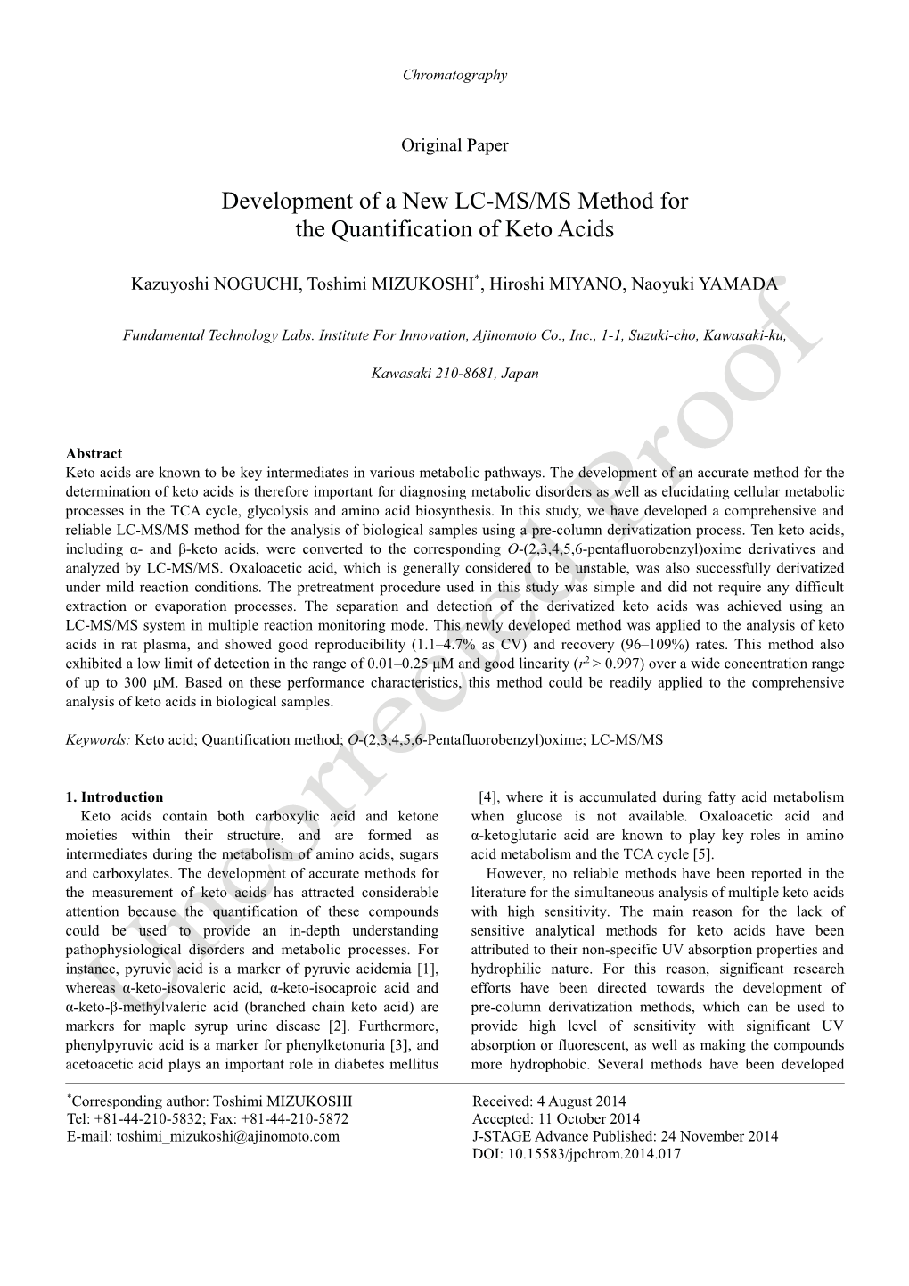 Development of a New LC-MS/MS Method for the Quantification of Keto Acids