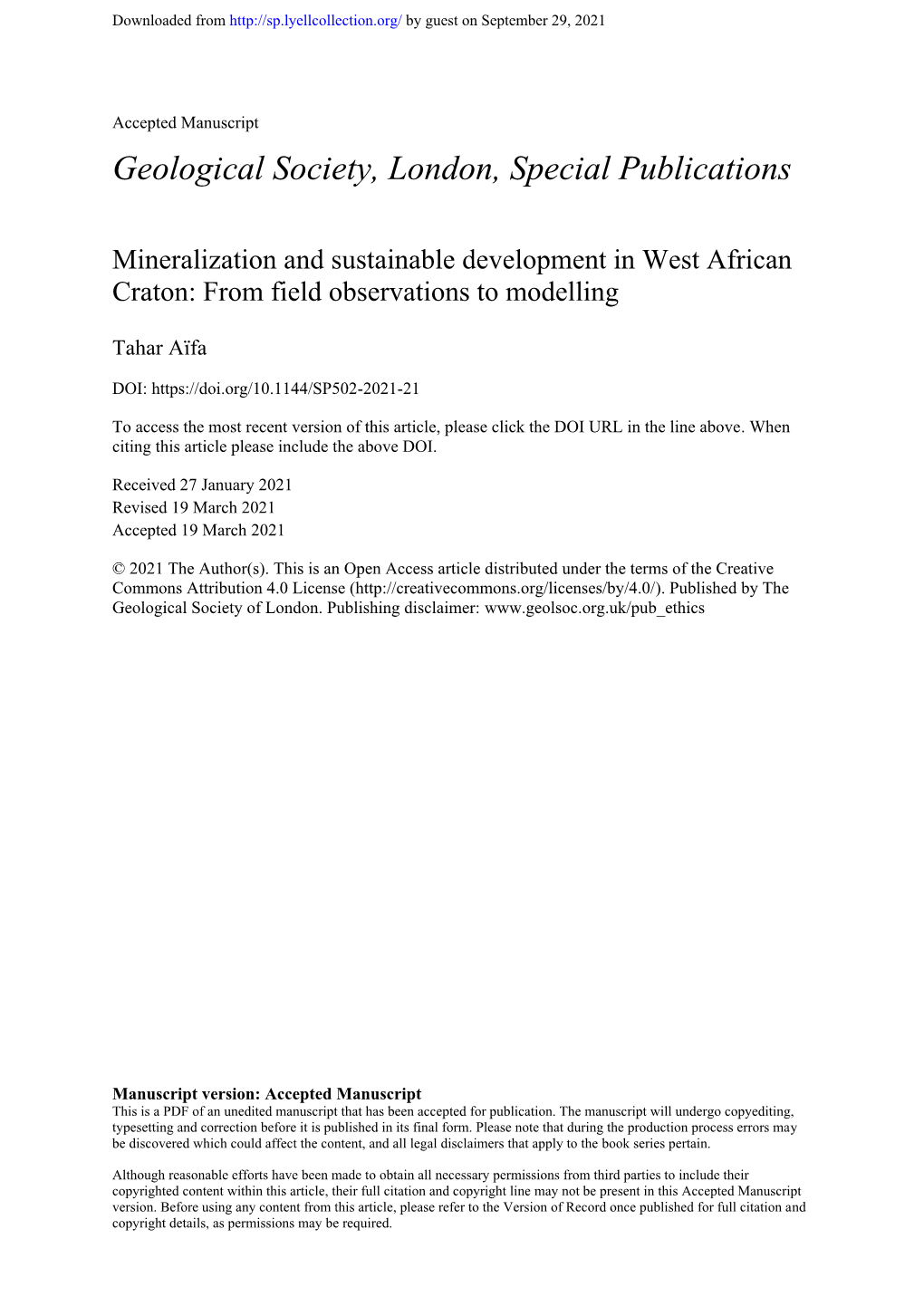 Mineralization and Sustainable Development in West African Craton: from Field Observations to Modelling