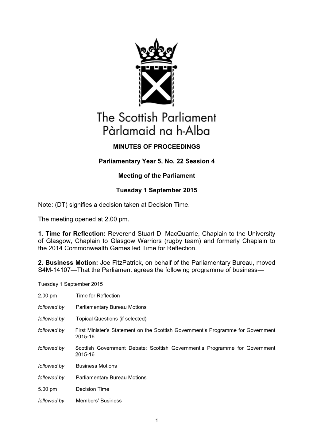 MINUTES of PROCEEDINGS Parliamentary Year 5, No. 22