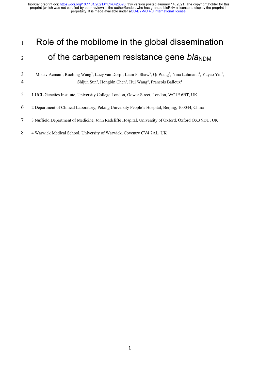 Role of the Mobilome in the Global Dissemination of the Carbapenem