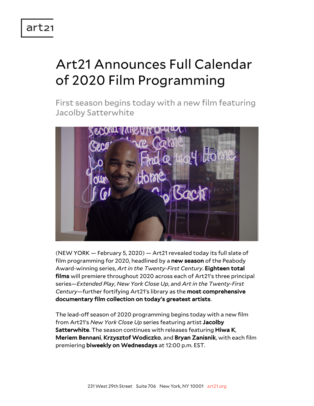 Art21 Digital Films: Winter 2020 Press Release