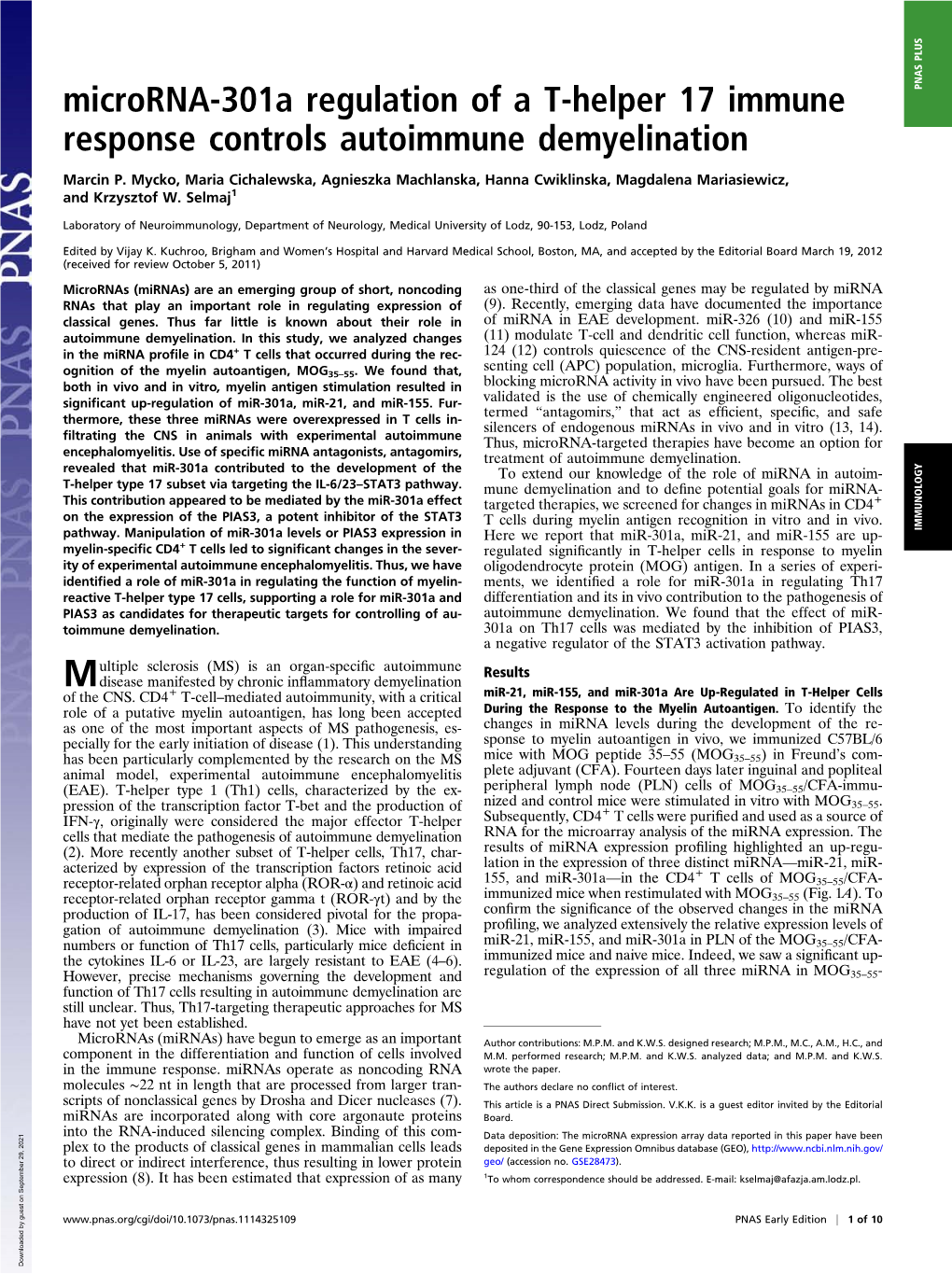 Microrna-301A Regulation of a T-Helper 17 Immune Response