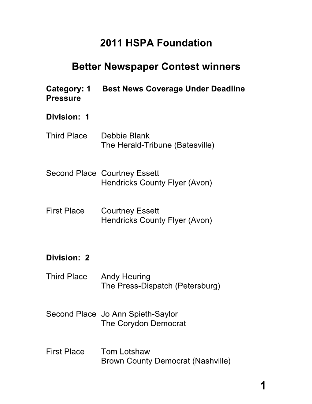 2011 HSPA Foundation Better Newspaper Contest Winners