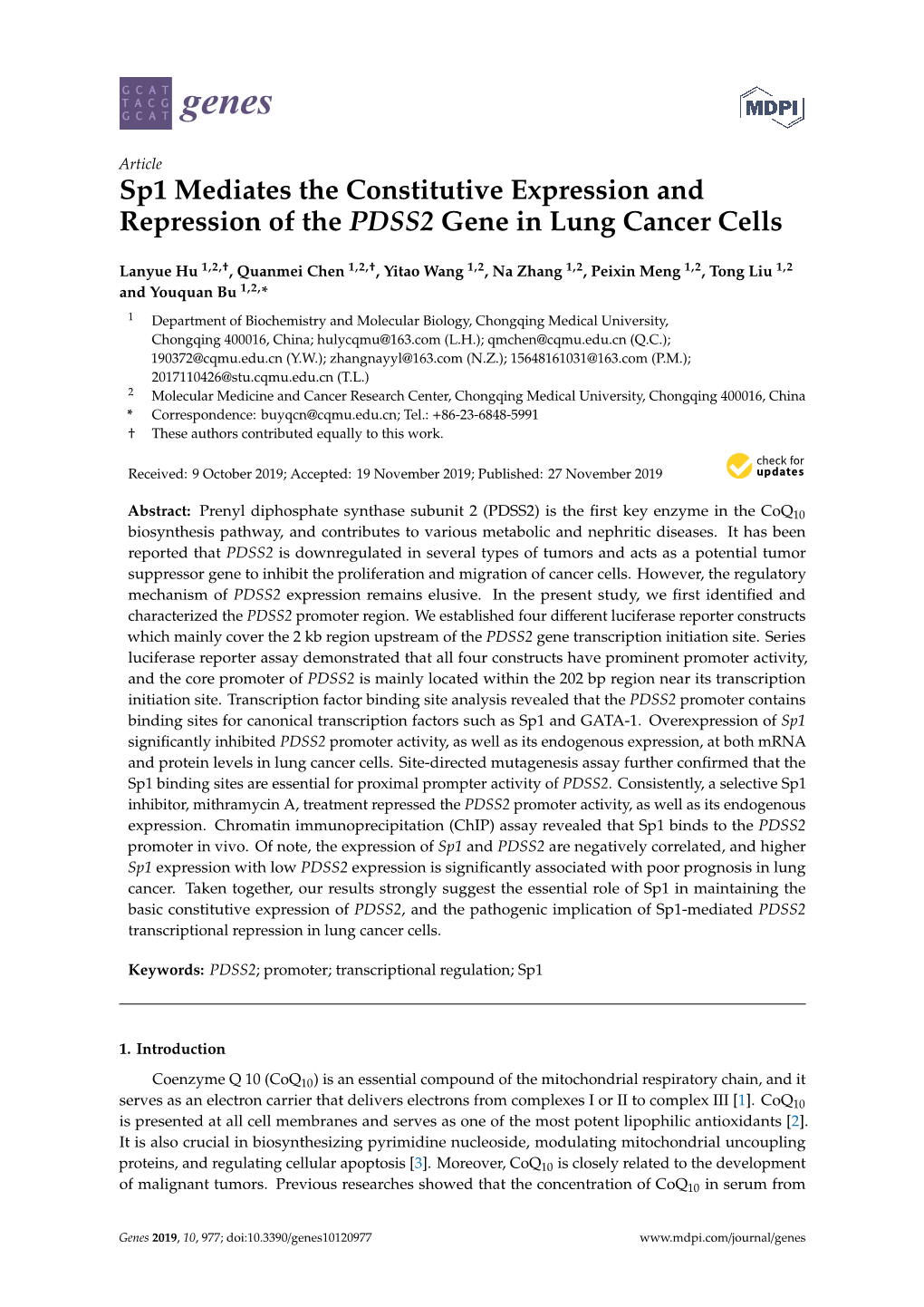 Sp1 Mediates the Constitutive Expression and Repression of the PDSS2 Gene in Lung Cancer Cells