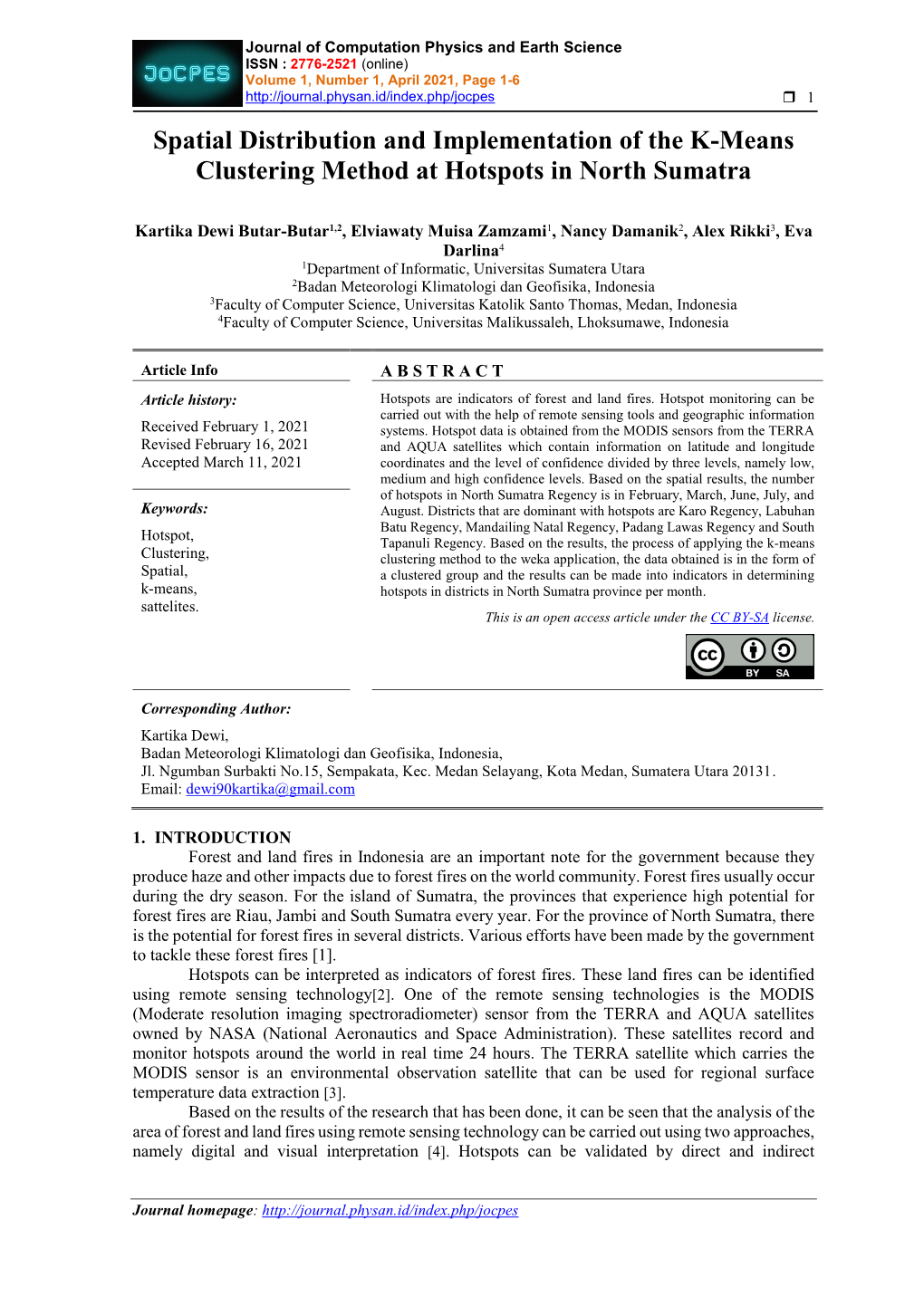 Spatial Distribution and Implementation of the K-Means Clustering Method at Hotspots in North Sumatra