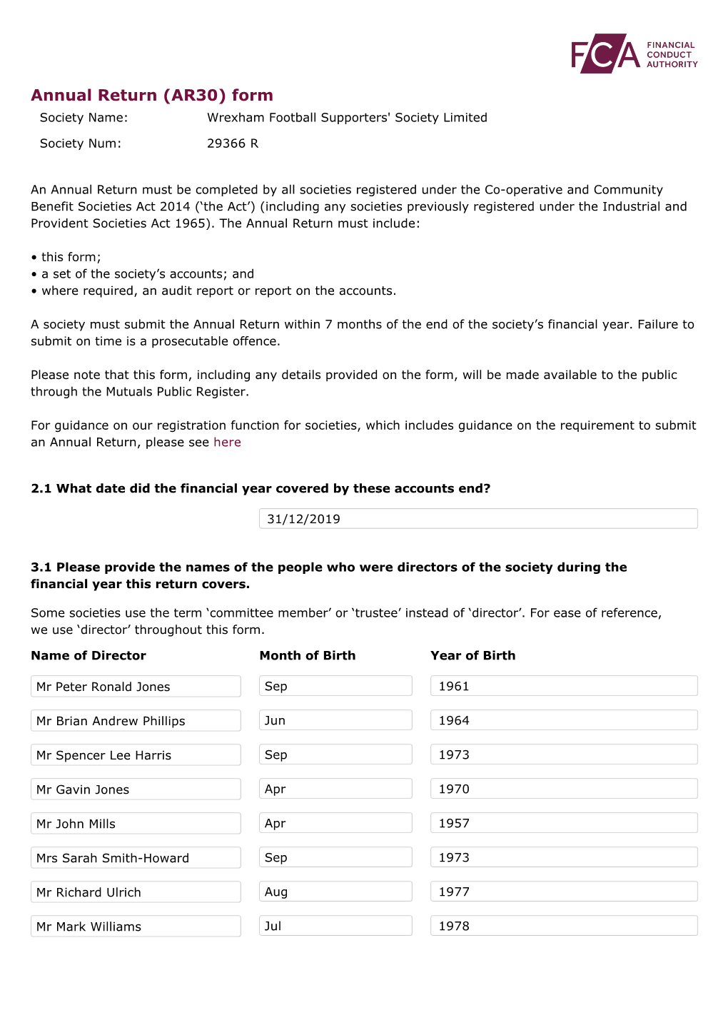 (AR30) Form Society Name: Wrexham Football Supporters' Society Limited